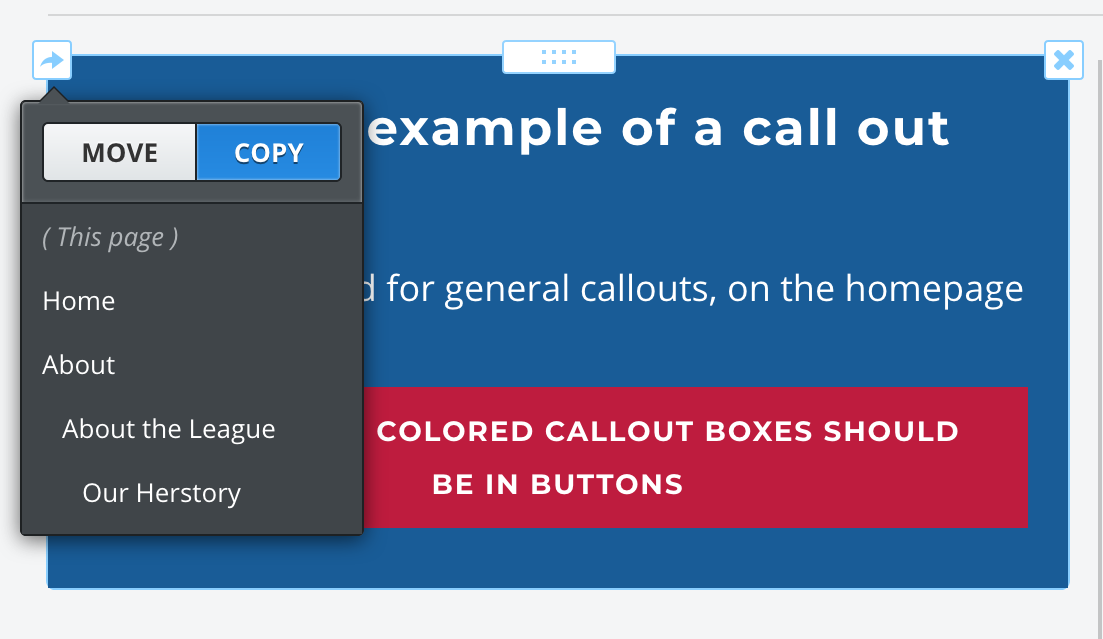 Screenshot of the weebly's move/copy element tooltip on custom call out box element. 